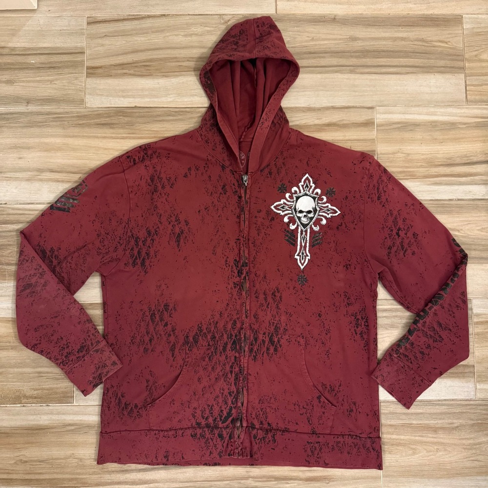 Affliction Live Fast Mens 2XL Red Skull Cross Zip Up Hoodie Distressed Y2K MMA